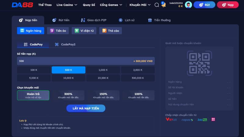 Hướng dẫn nạp tiền tại DA88 chi tiết